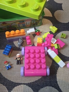 Lego Duplo Blocks, 2 Figures, Elephant Figure & Bin